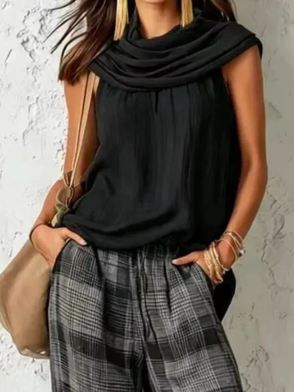 Full Size Sleeveless Cowl Neck Top and Plaid Wide-Leg Pant Two-Piece Set Plus Size, image 2