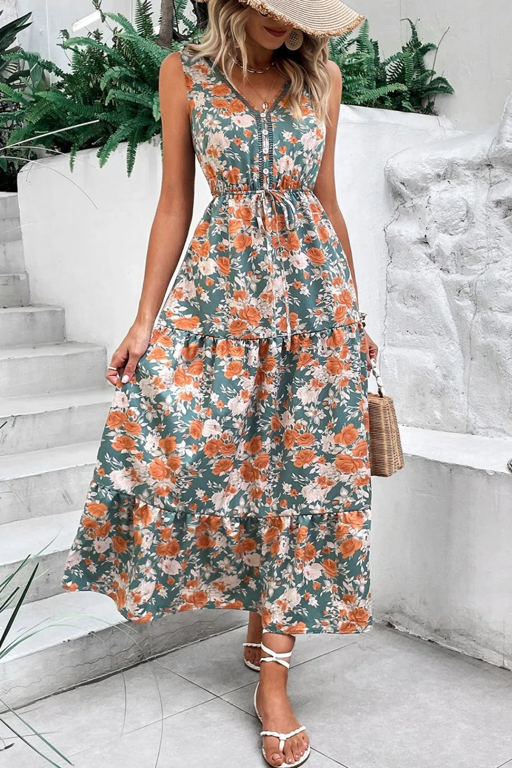 Floral Print Trimmed V Neck Tie Waist Sleeveless Dress