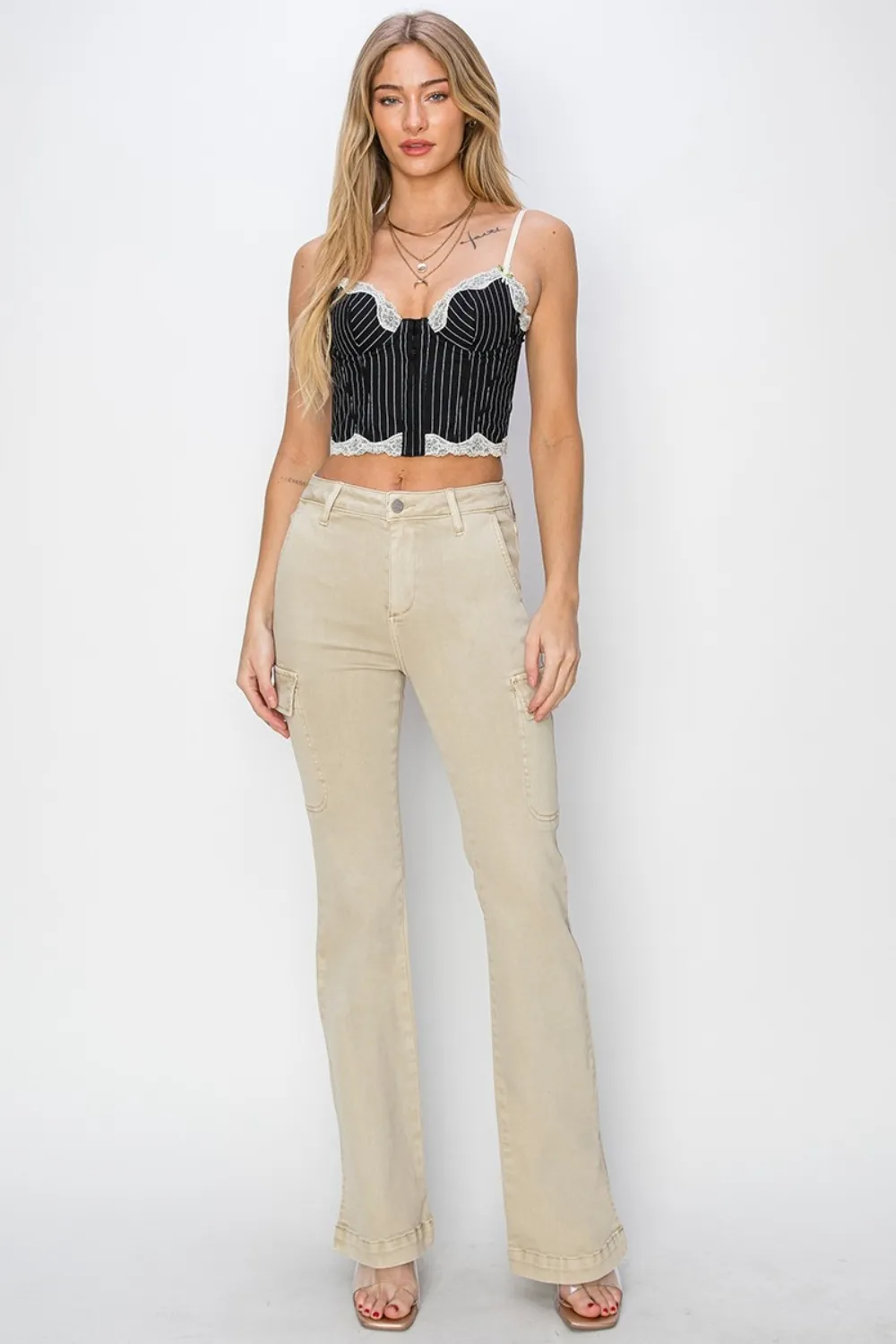 Full Size High Rise Side Slit Cargo Bootcut Jeans, image 4