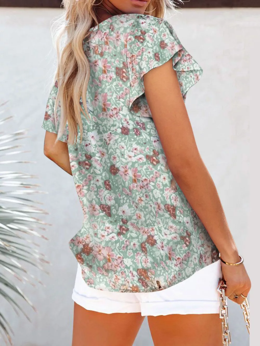 Full Size Floral Print Flutter Sleeve V-Neck Blouse Plus Size, image 6