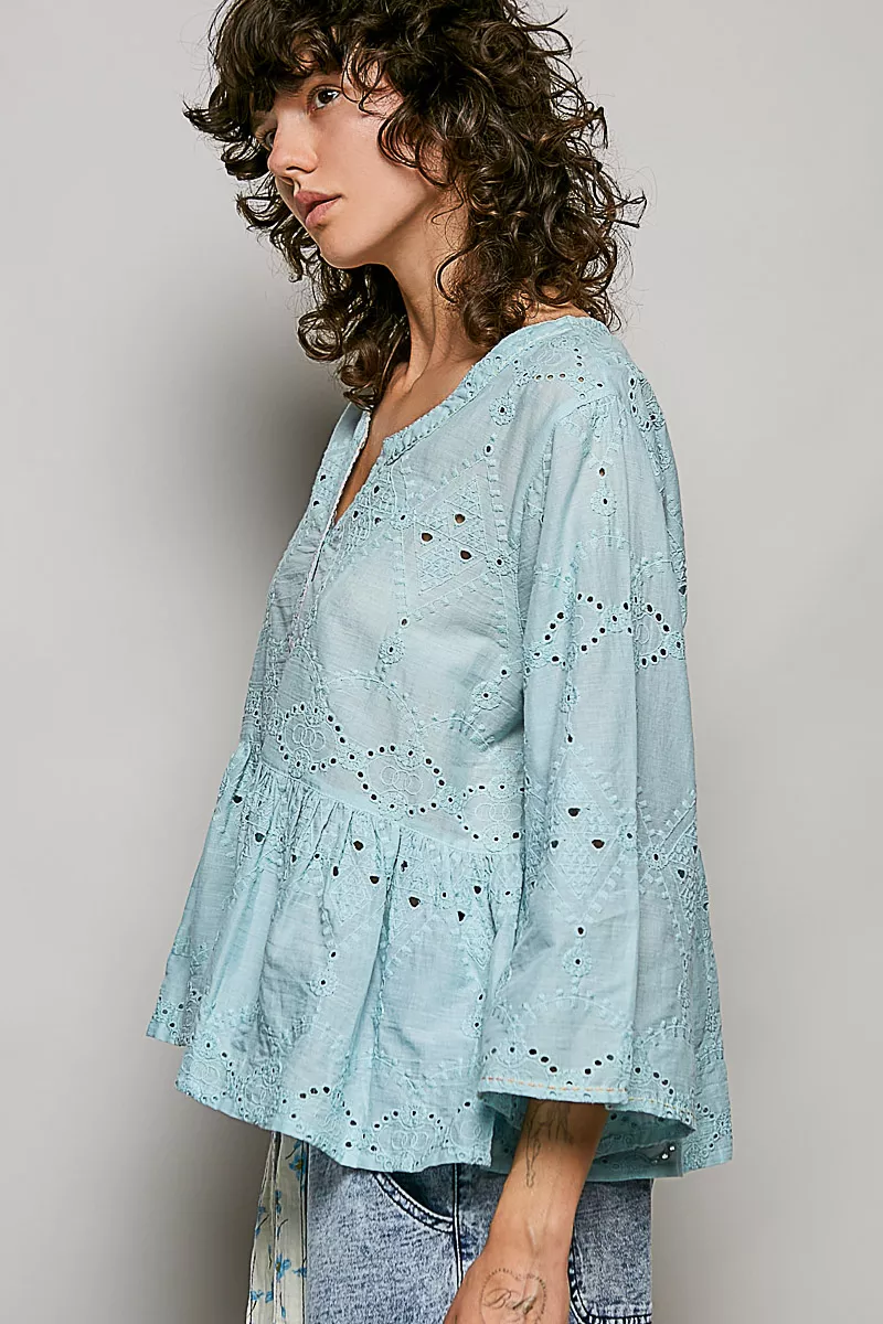 POL Eyelet Embroidery Peplum Button Front Cotton Shirt, image 2