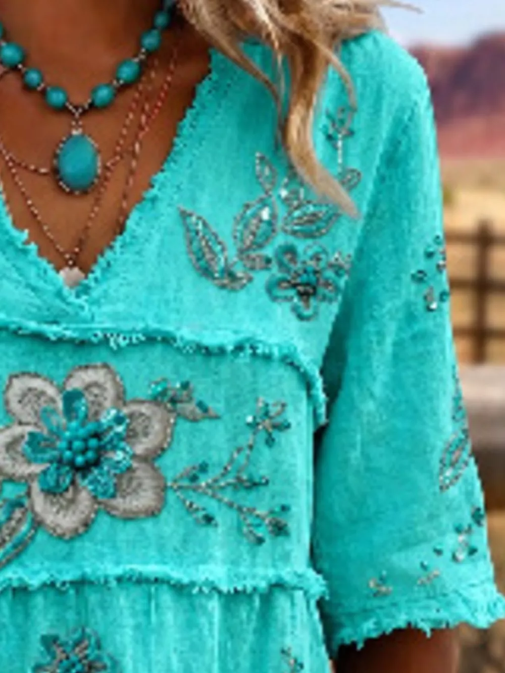 Full Size Floral Raw Hem V-Neck Blouse Plus Size, image 8