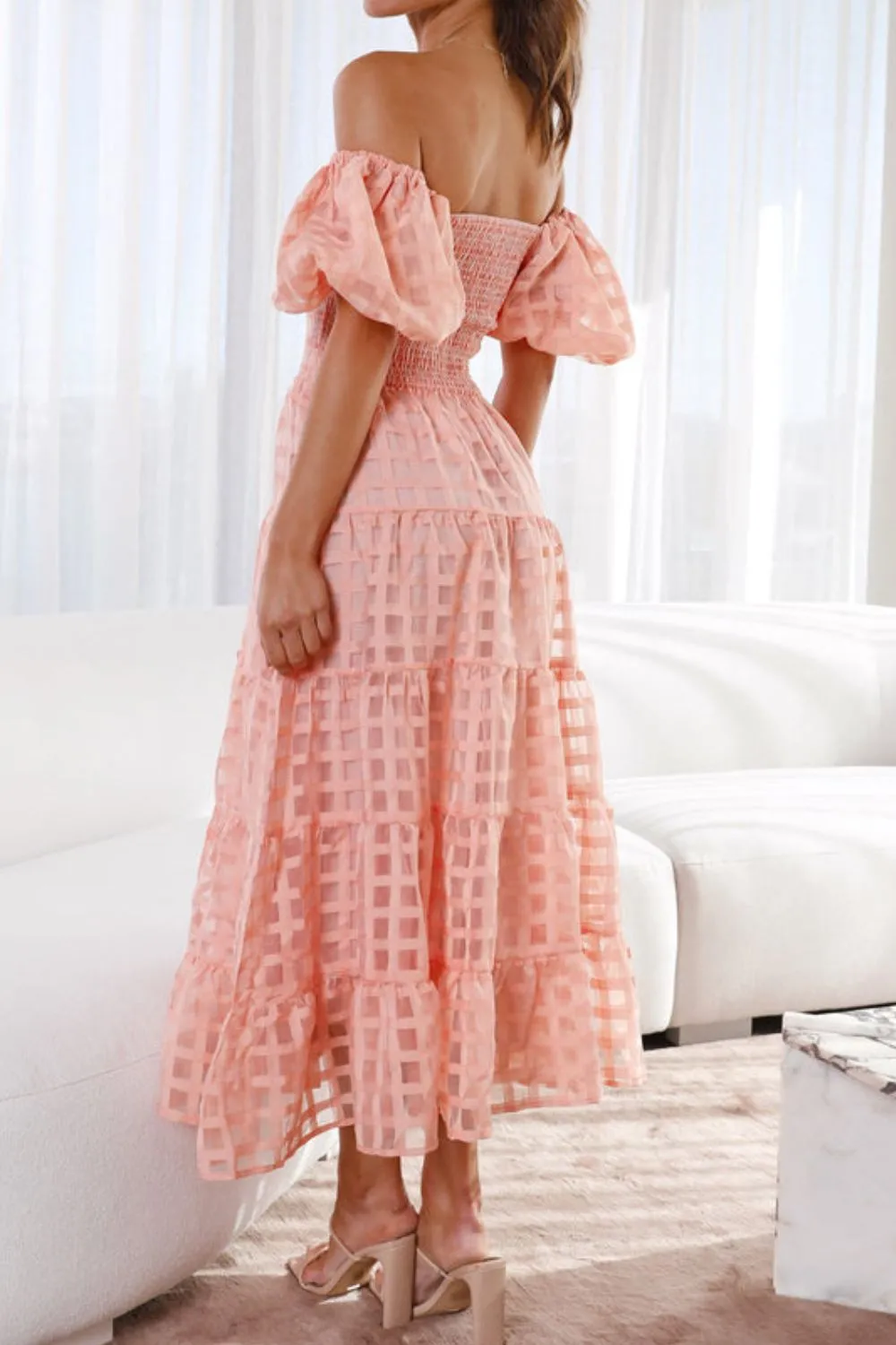 Off Shoulder Short Puff Sleeve Midi Dress, image 20