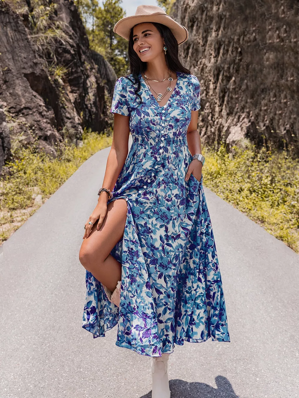 Floral Print V-Neck Slit Midi Dress, image 3