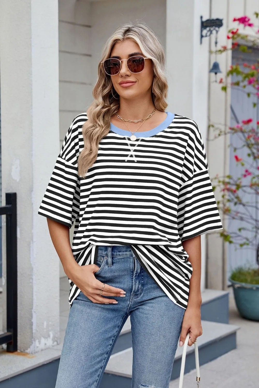 Contrast Striped Round Neck Half Sleeve T-Shirt, image 8