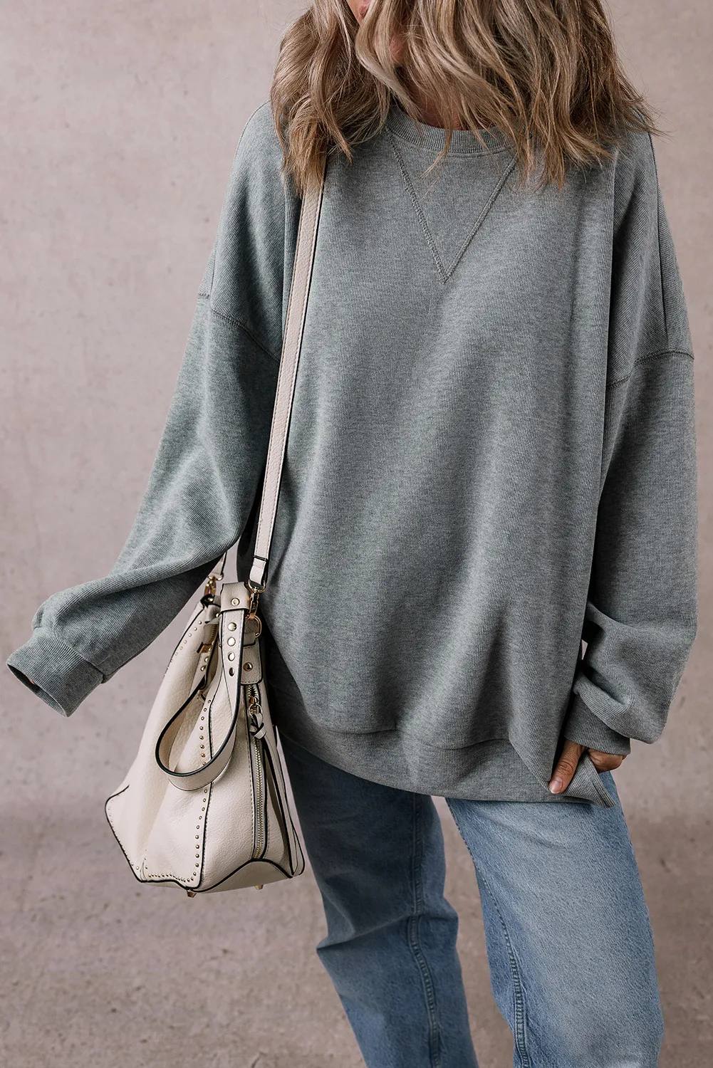 Slit Round Neck Long Sleeve Sweatshirt, image 3