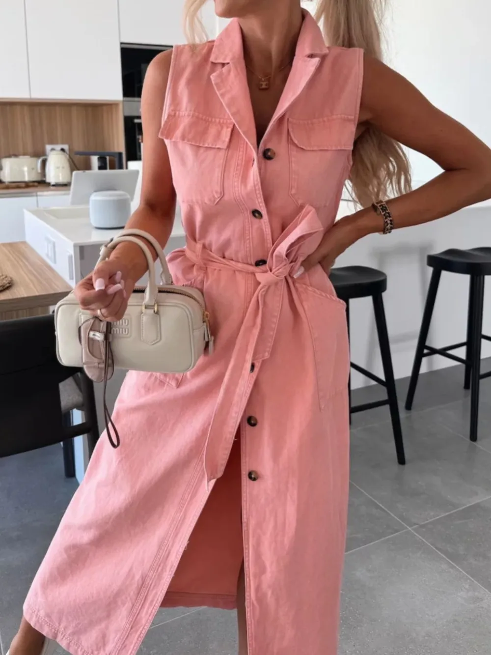Button Front Sleeveless Denim Dress, image 7