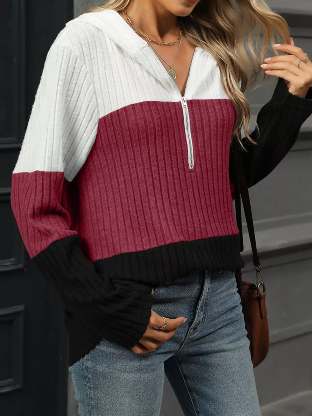 Color Block Half Zip Hooded Top, image 9