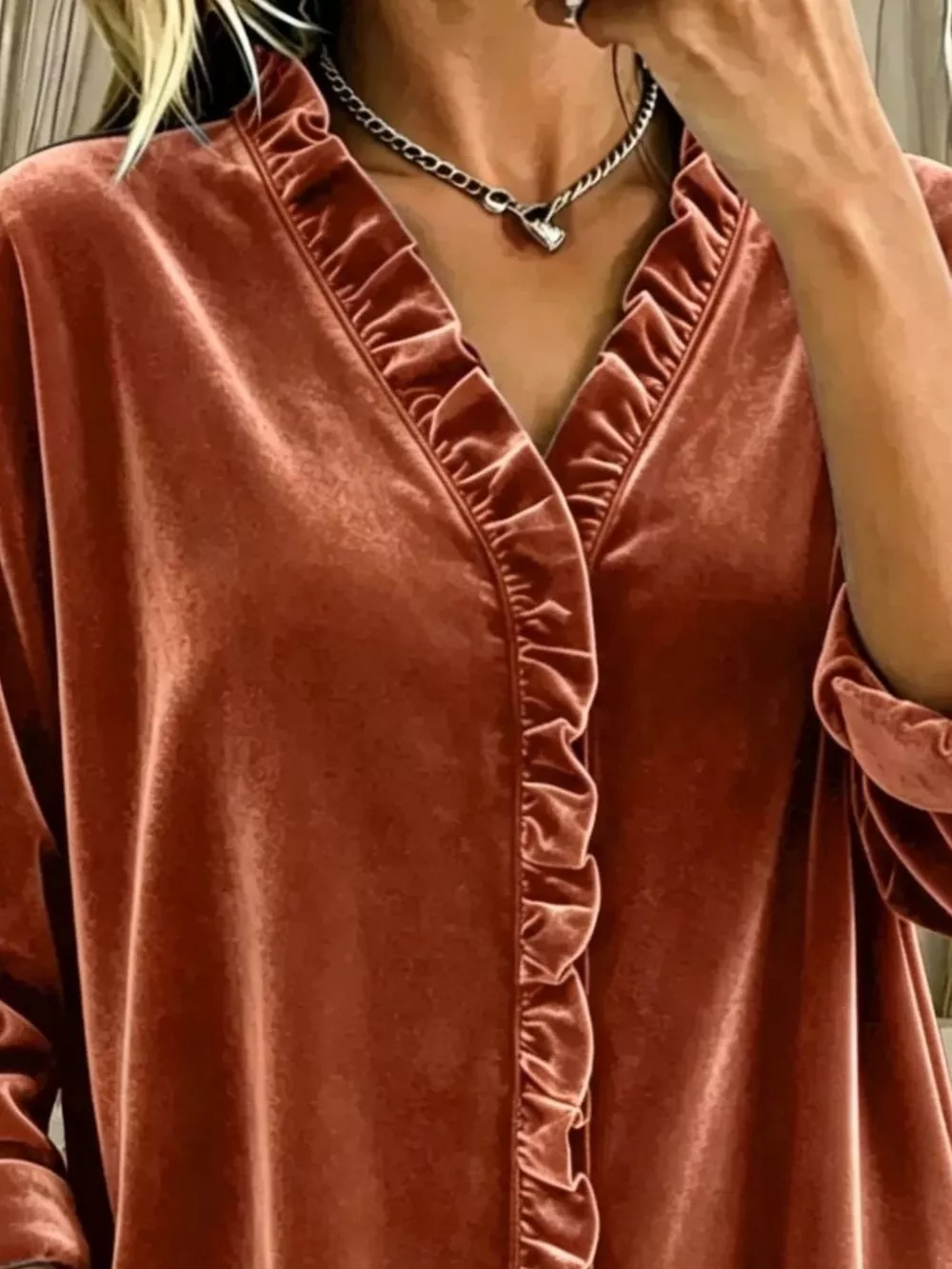 Velvet Frill V-Neck Blouse, image 6