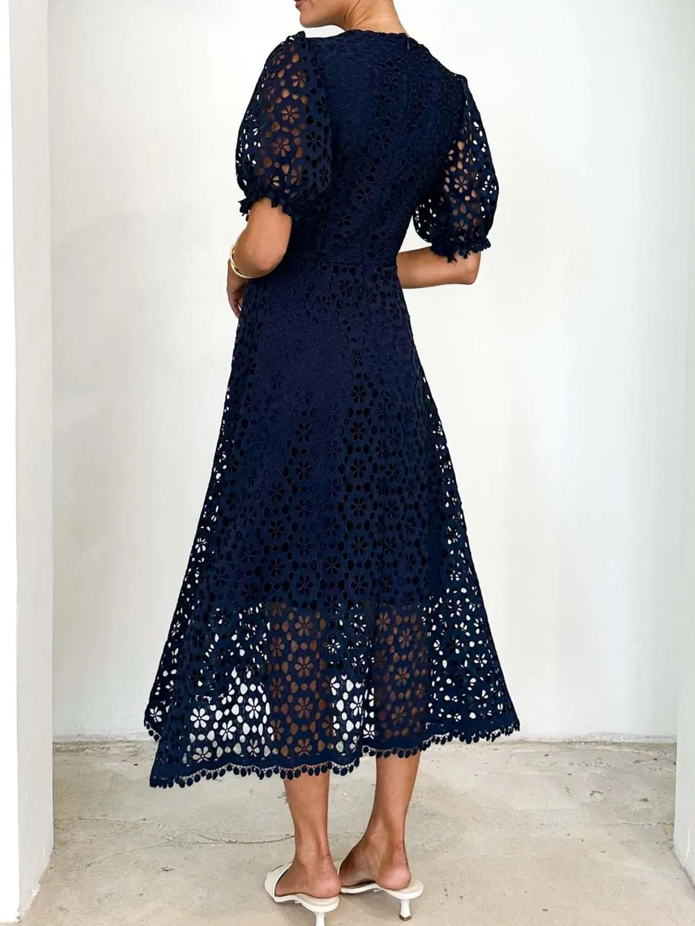 Eyelet Lace V-Neck Midi Dress with Puff Sleeves, image 15