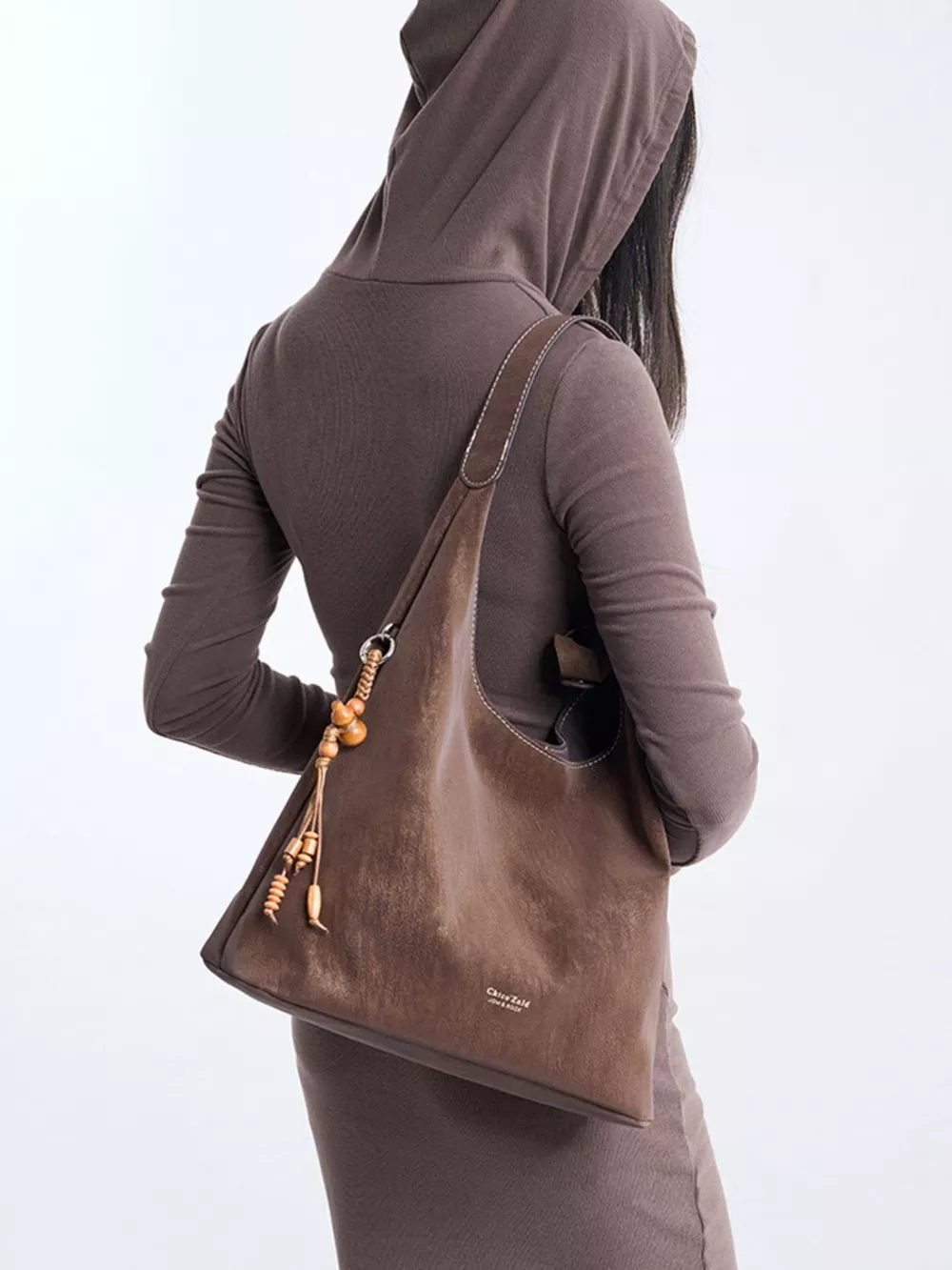 Suede Hobo Shoulder Bag with Decorative Tassel, image 6