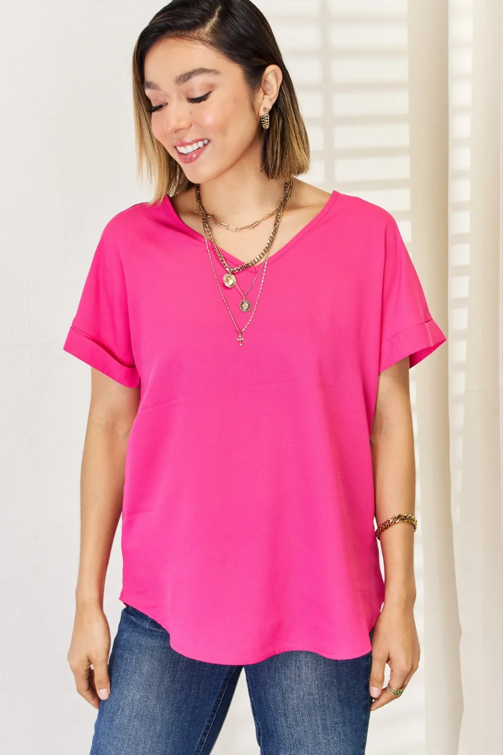 V-Neck Rolled Short Sleeve T-Shirt, image 4