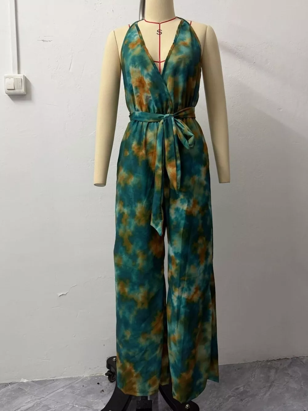 Full Size Tie-Dye Halter Neck Wide-Leg Jumpsuit Plus Size, image 4