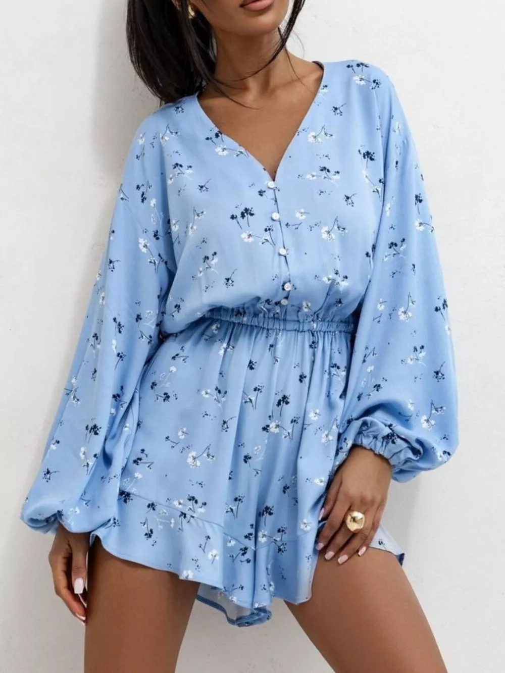 Floral V-Neck Long Sleeve Romper with Elastic Waist, image 3