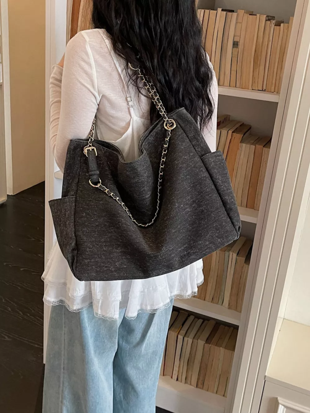 Denim Shoulder Bag with Chain Strap, image 6