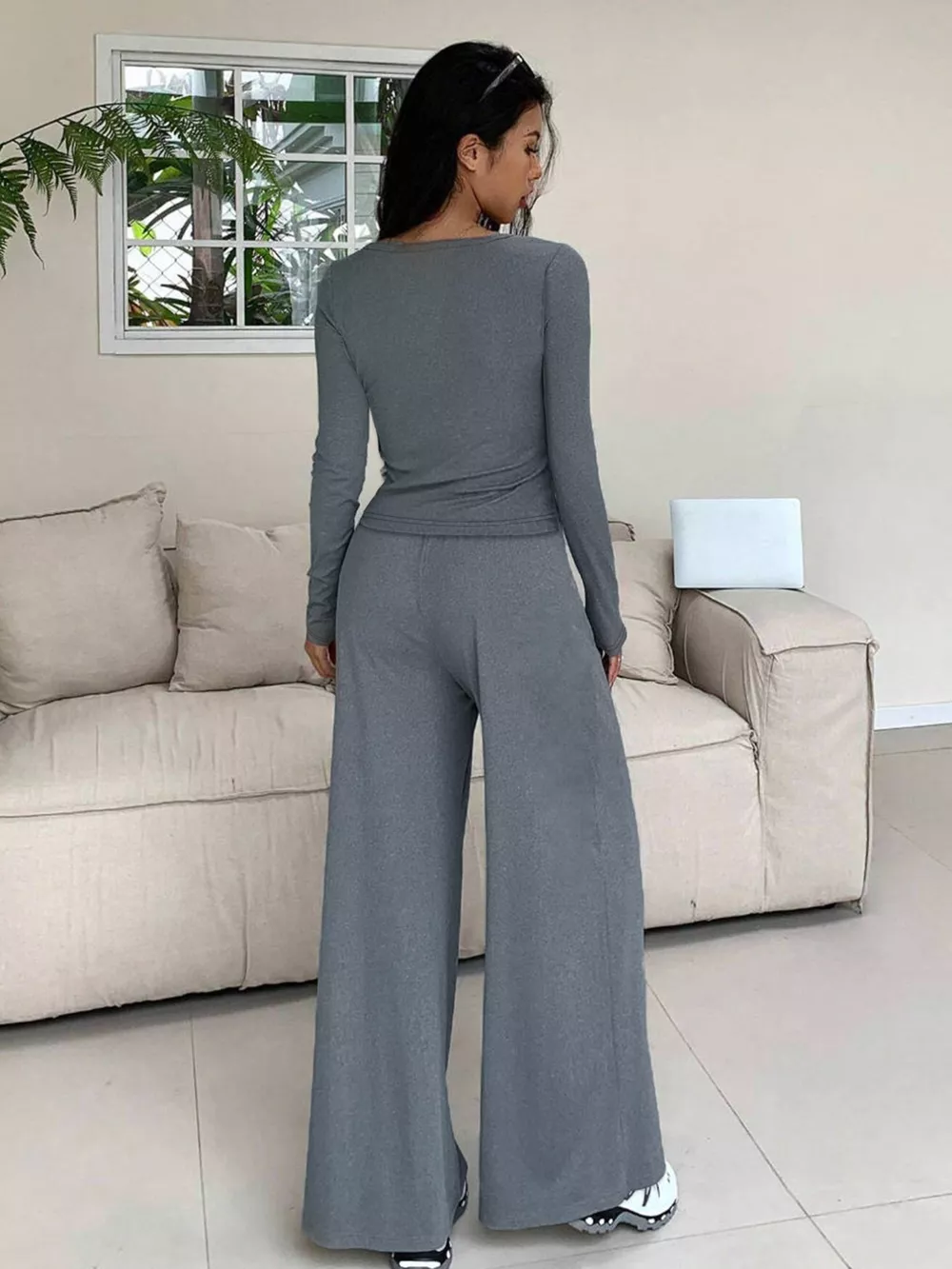 Button-Down Top & Wide Leg Pants Set, image 3