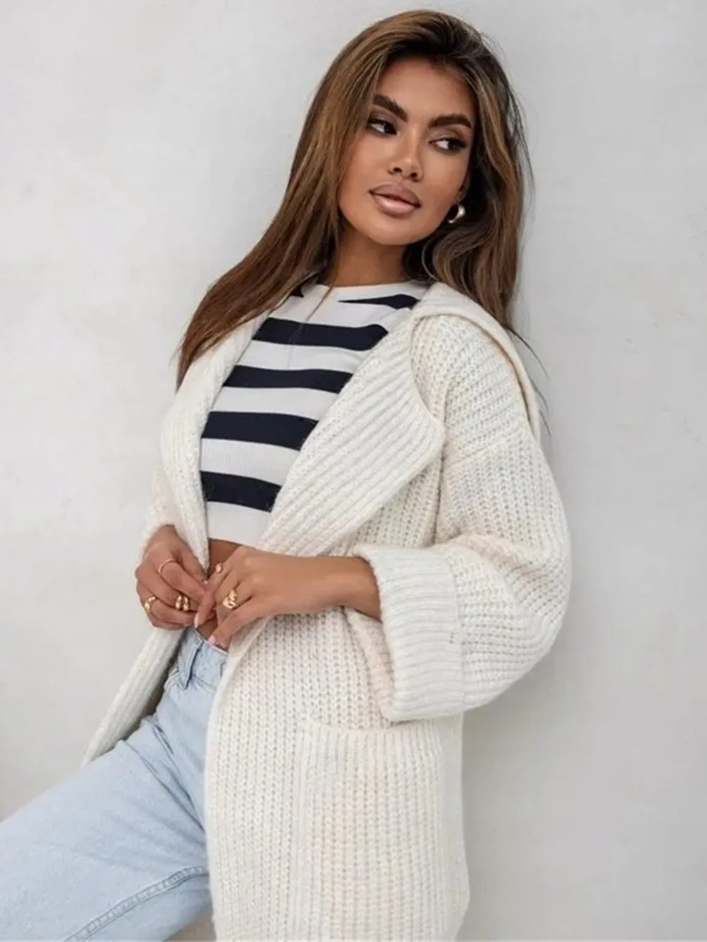 Pocketed Collared Neck Dropped Shoulder Cardigan, image 8