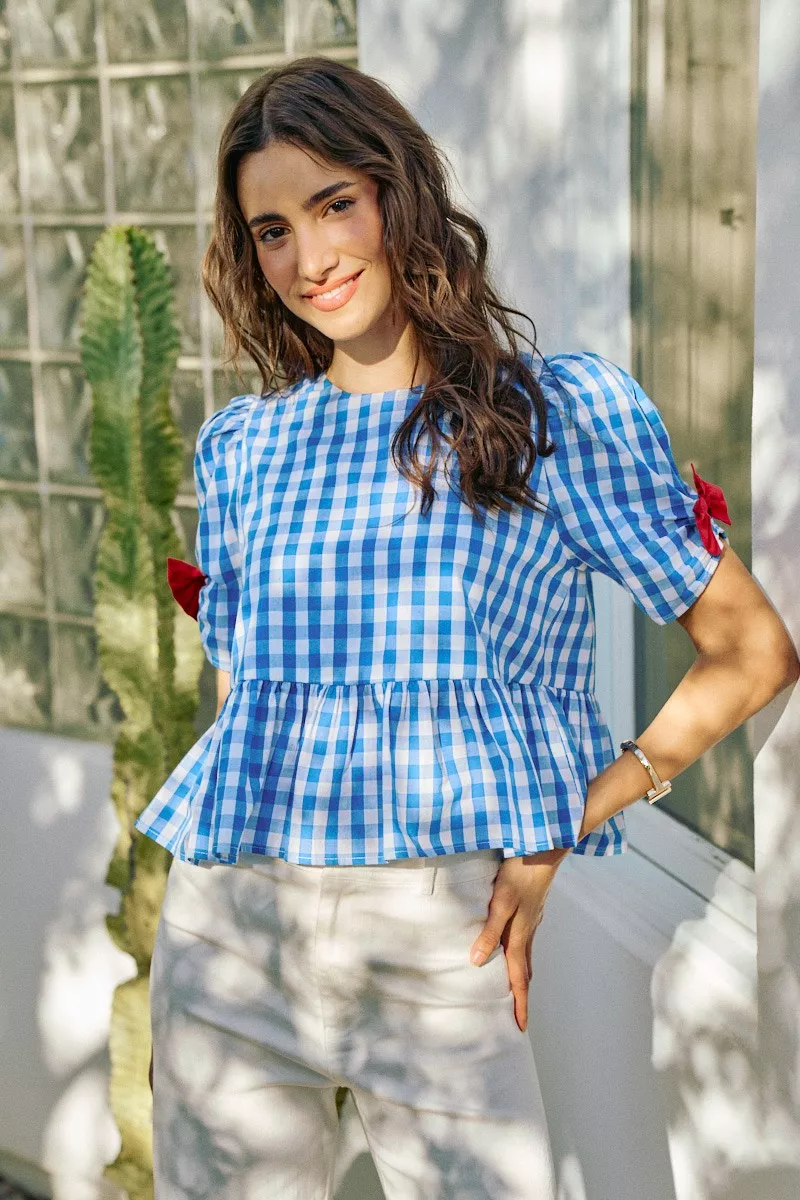 4th Of July Gingham Ribbon Detail Short Sleeves Blouse
