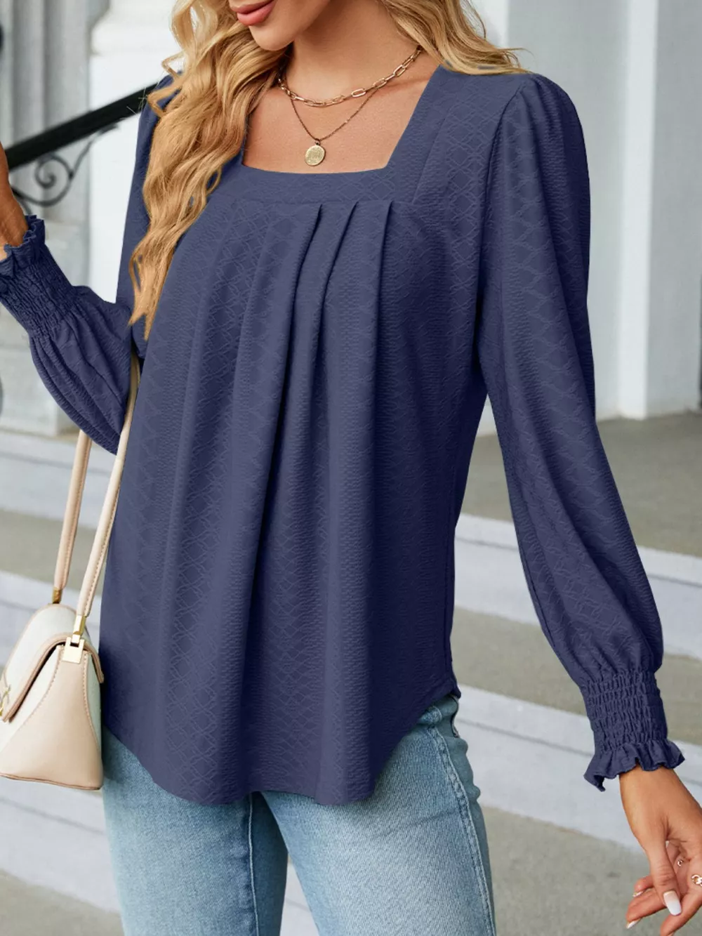 Pleated Square Neck Long Sleeve Top, image 28
