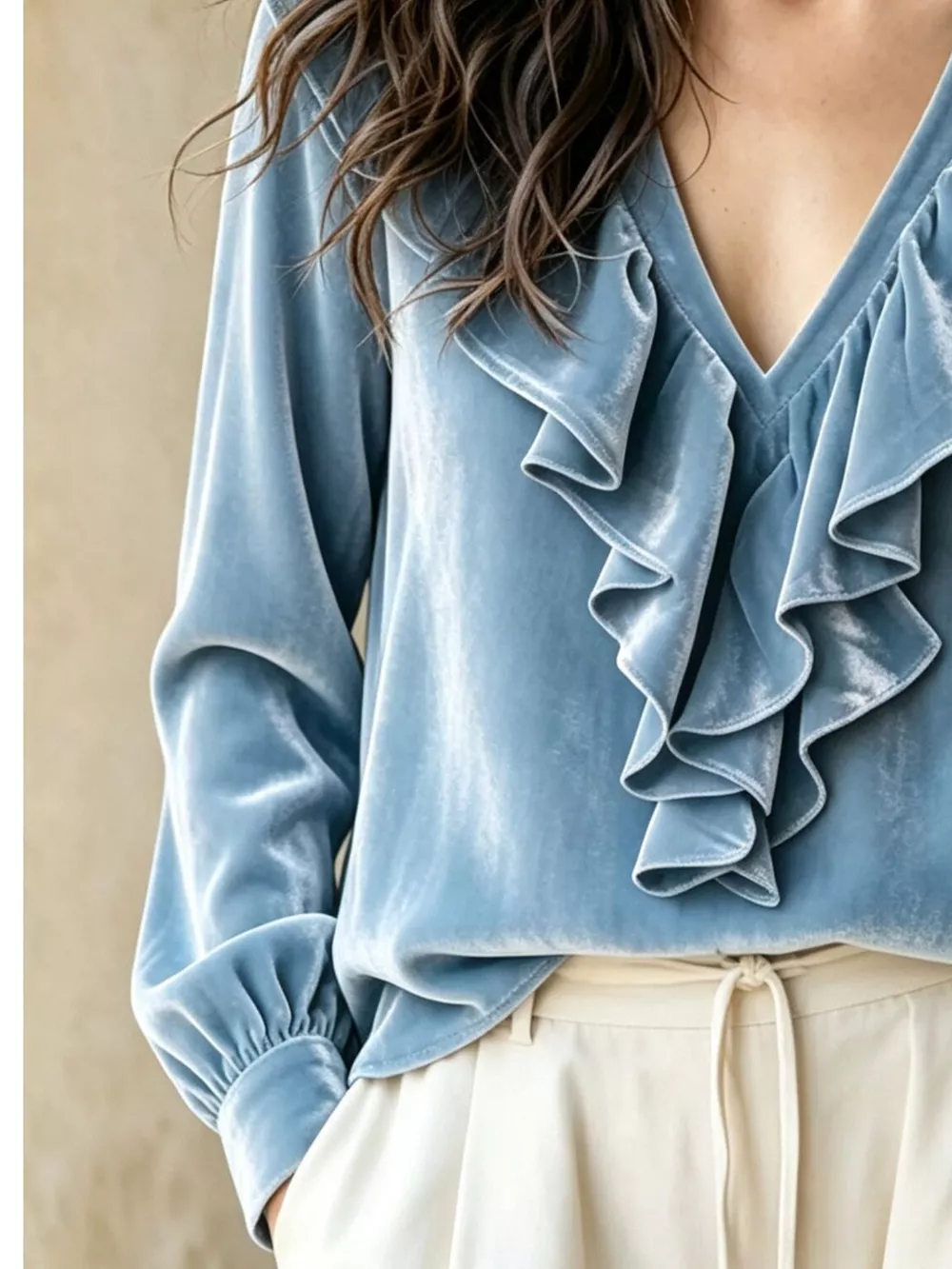 Ruffled V-Neck Long Sleeve Blouse, image 9