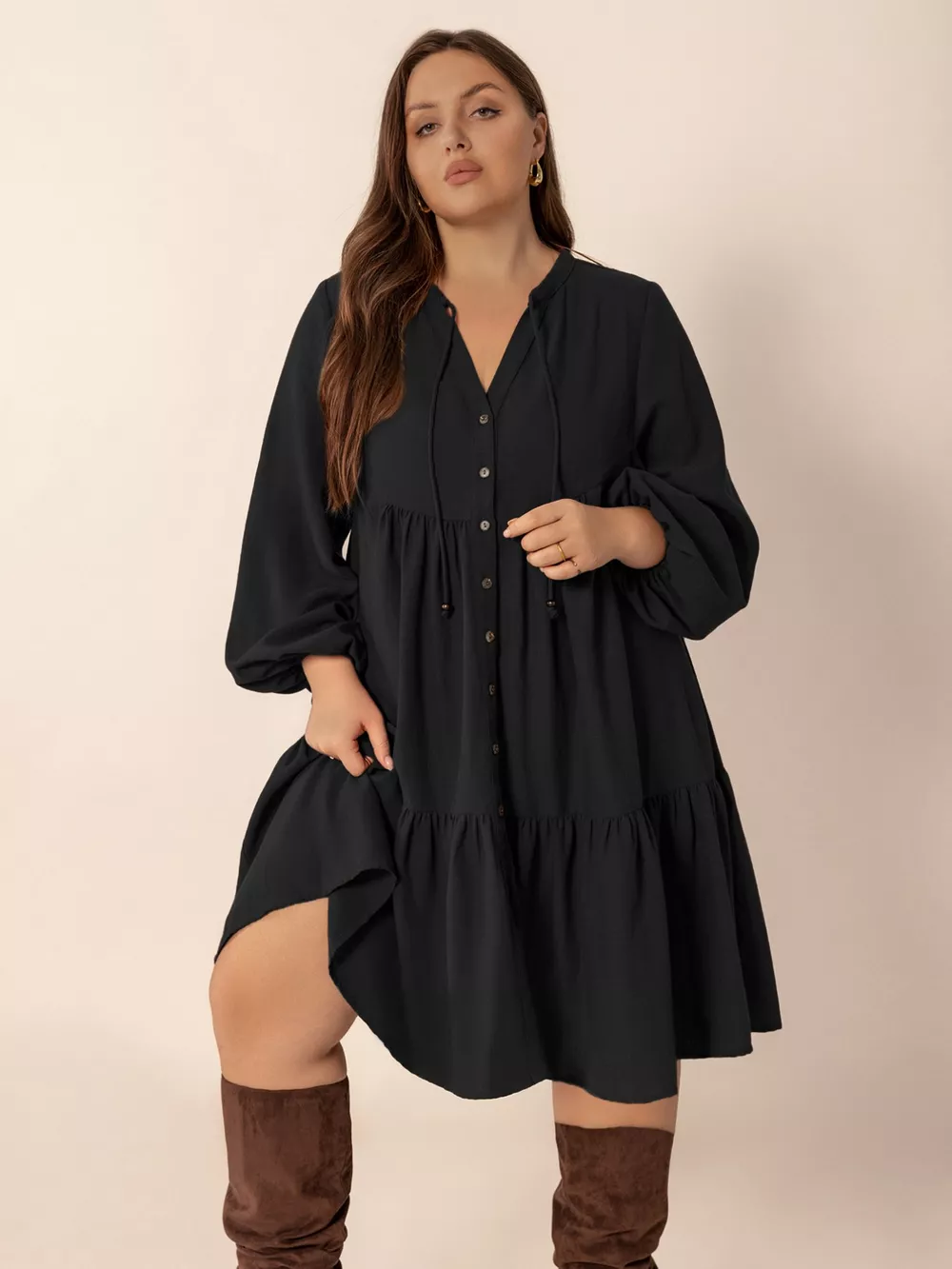 Plus Size Button Front Balloon Sleeve Dress, image 3