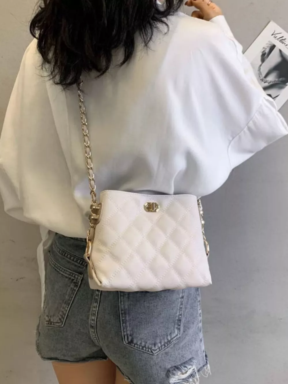 Quilted Bucket Crossbody Bag with Chain Strap, image 11