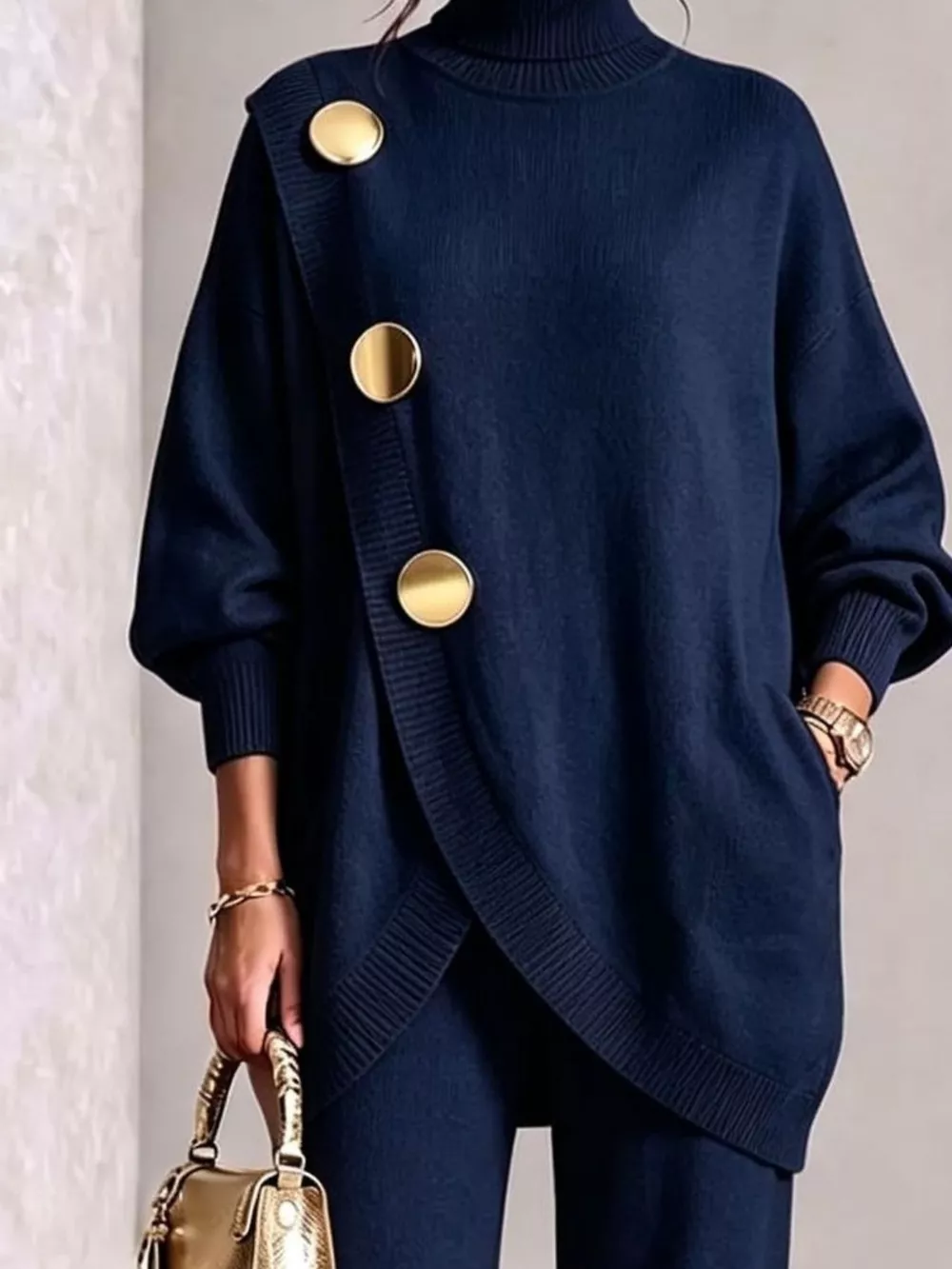 Full Size Elegant Turtleneck Asymmetric Button-Decorated Sweater and Pants Set Plus Size, image 12