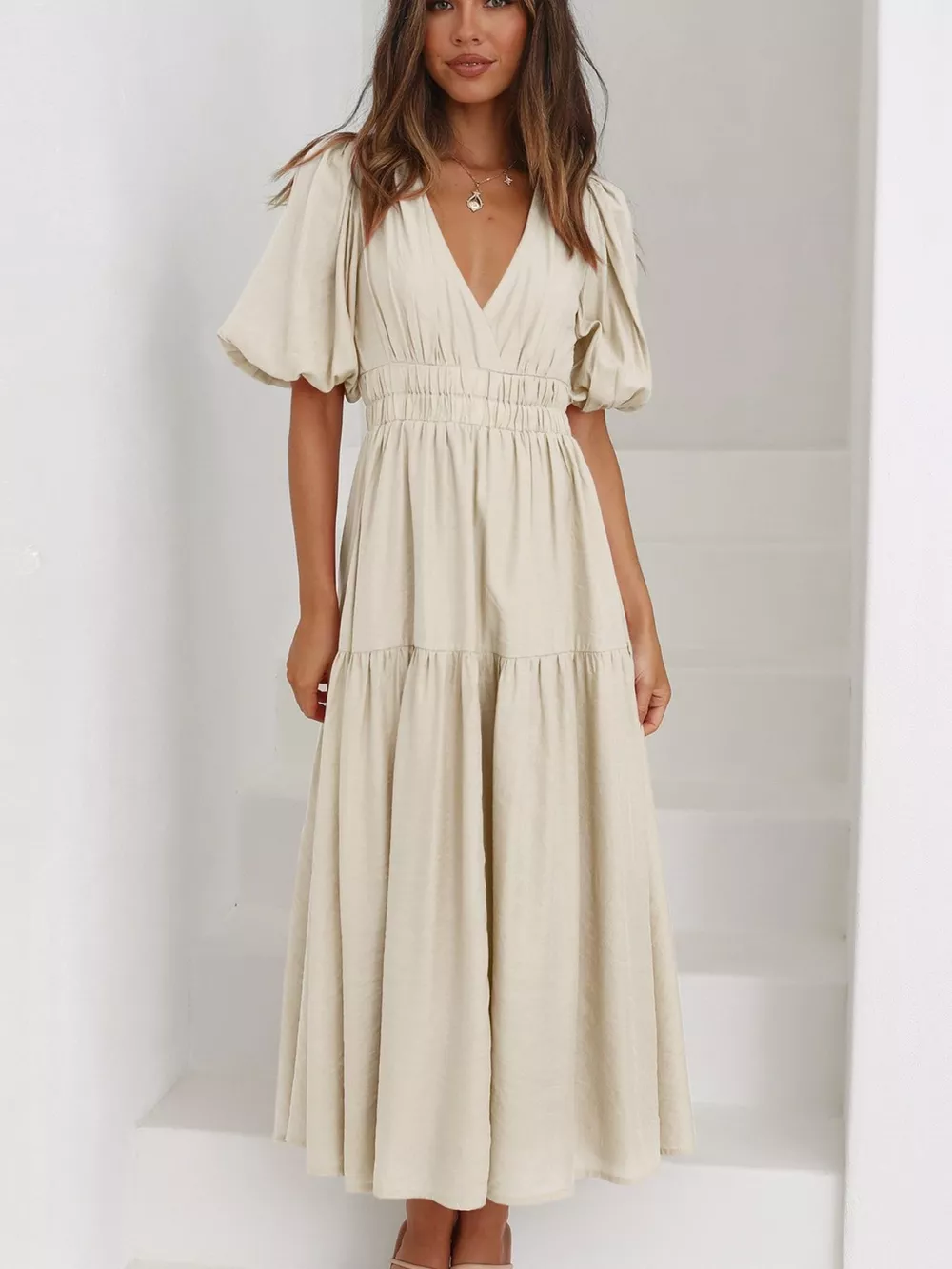 V-Neck Puff Sleeve Midi Dress, image 16