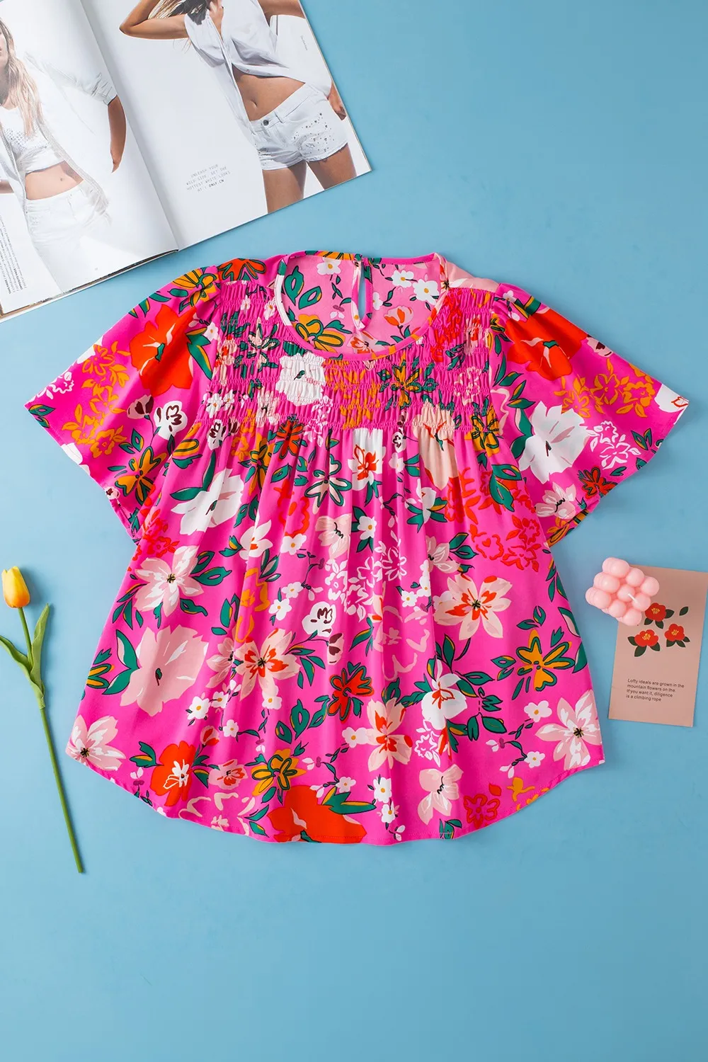 Smocked Printed Round Neck Half Sleeve Blouse, image 6
