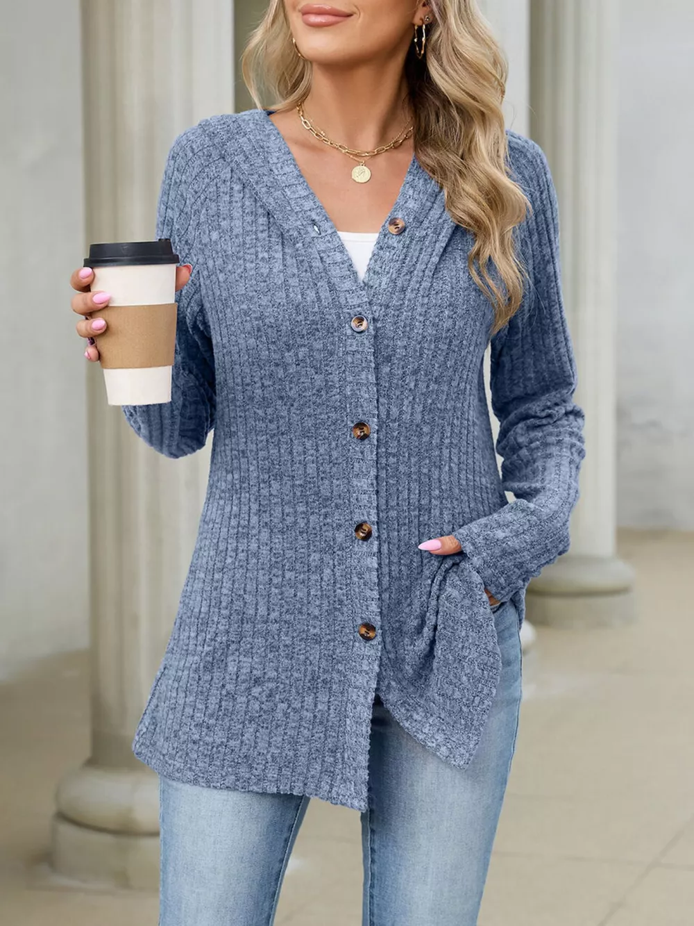 Ribbed Knit Hooded Button-Down Cardigan, image 26