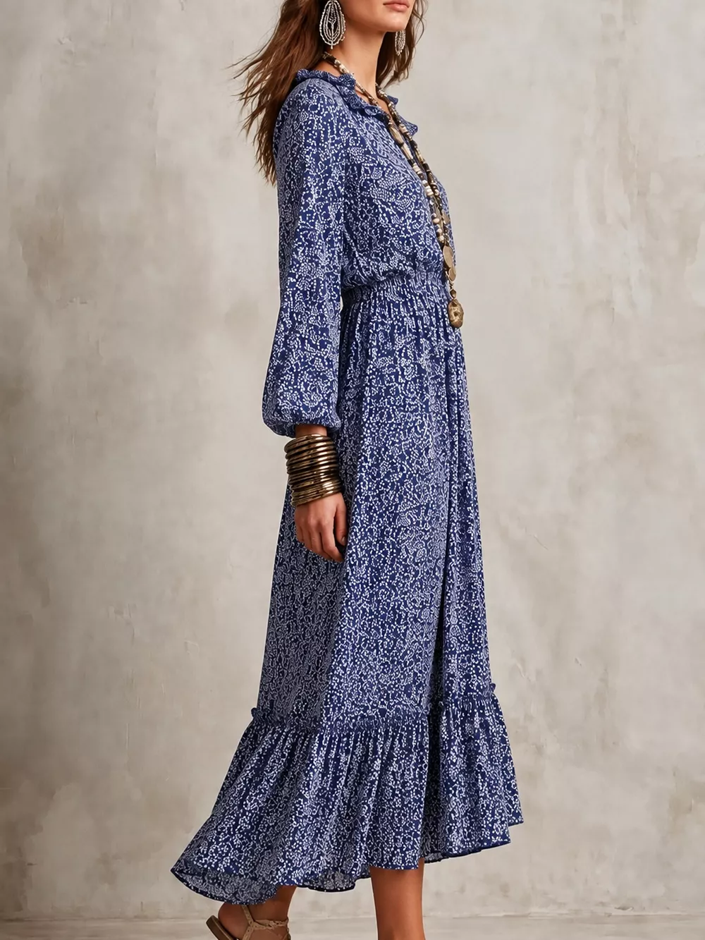 Floral Print Long-Sleeve Ruffle Hem Midi Dress, image 3