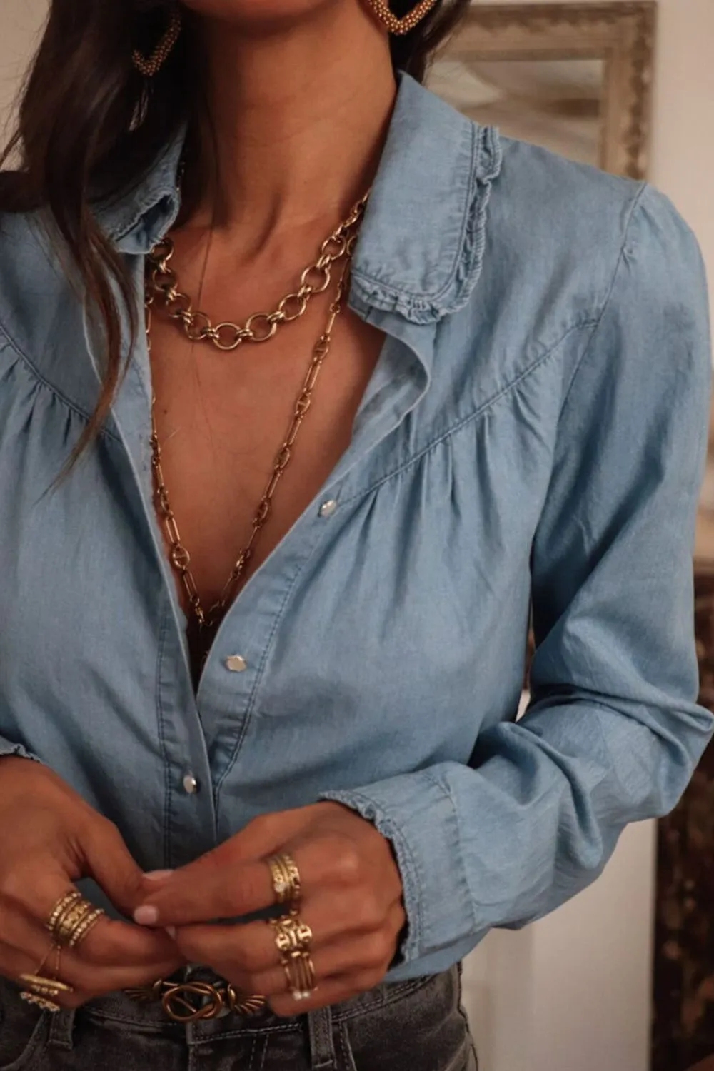 Button Up Long Sleeve Denim Top, image 7