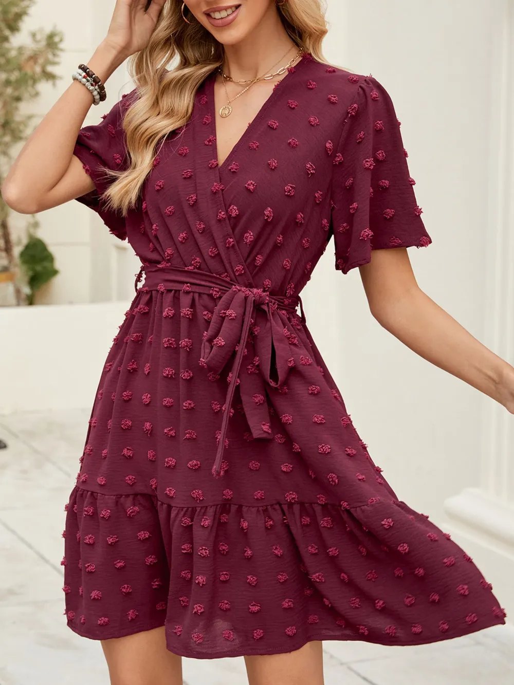 Swiss Dot Flutter Sleeve Wrap Dress, image 2
