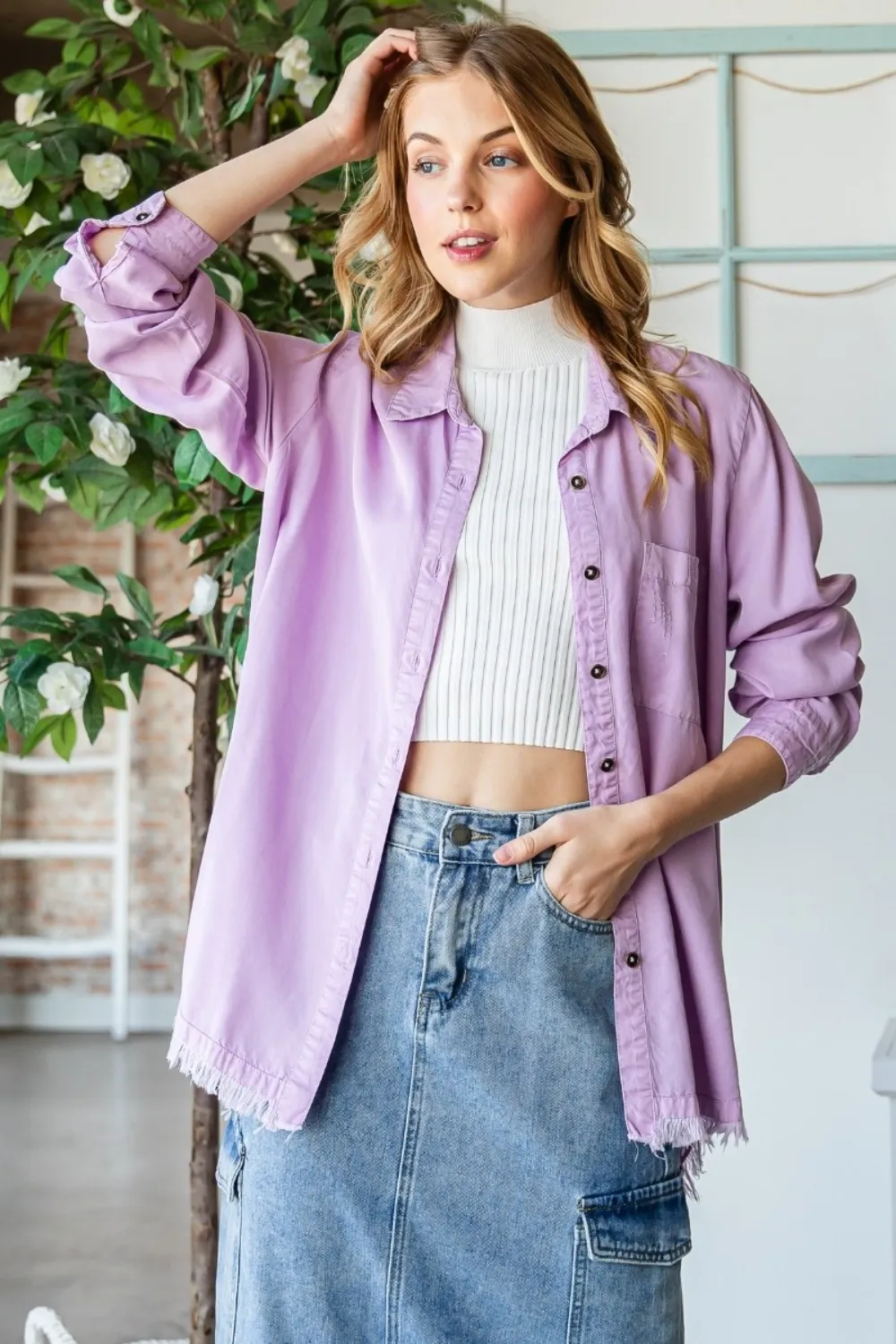 Raw Hem Button Up Long Sleeve Shirt, image 3