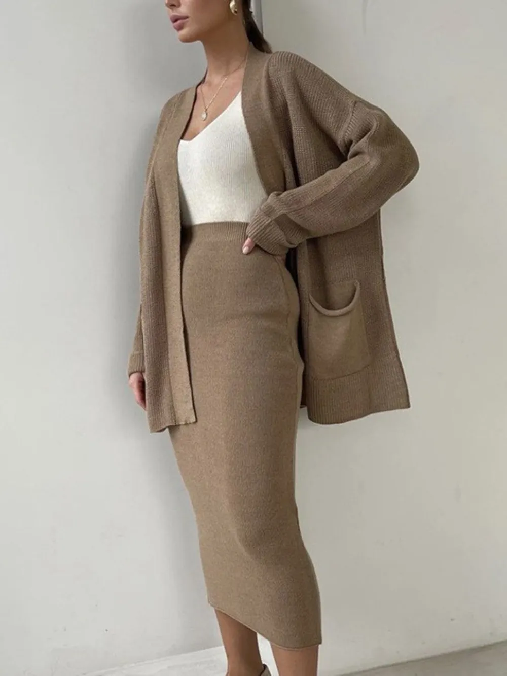 Pocketed Long Sleeve Cardigan and Skirt Sweater Set, image 7