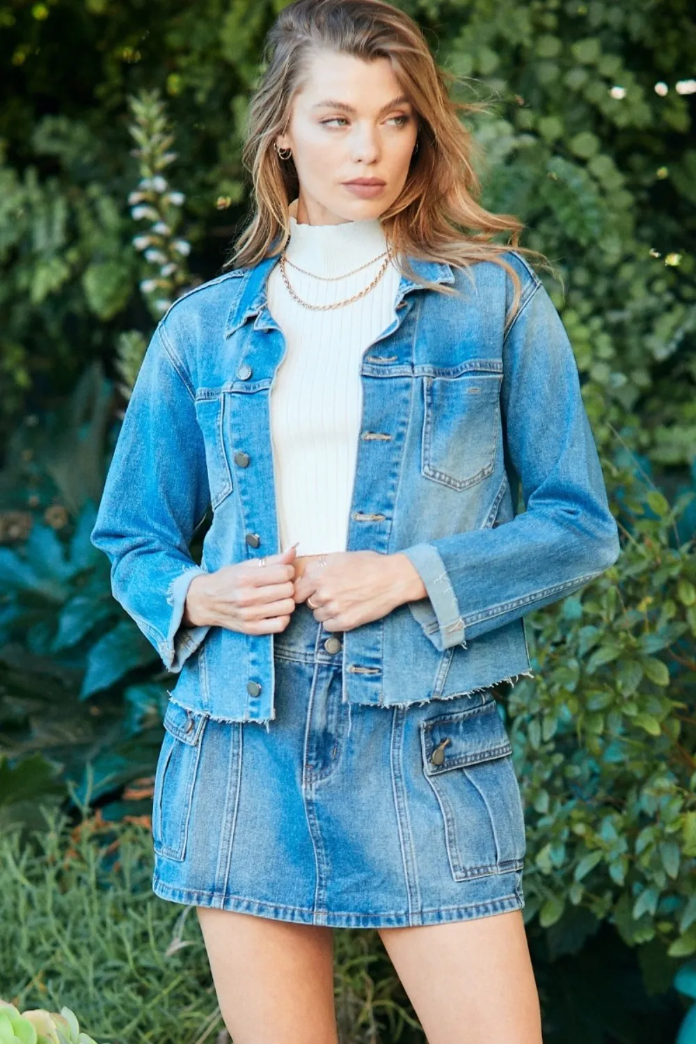 Button Up Raw Hem Denim Jacket, image 6