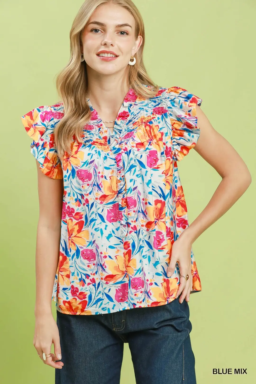 Smocked Yoke Ruffle Sleeve Floral Blouse