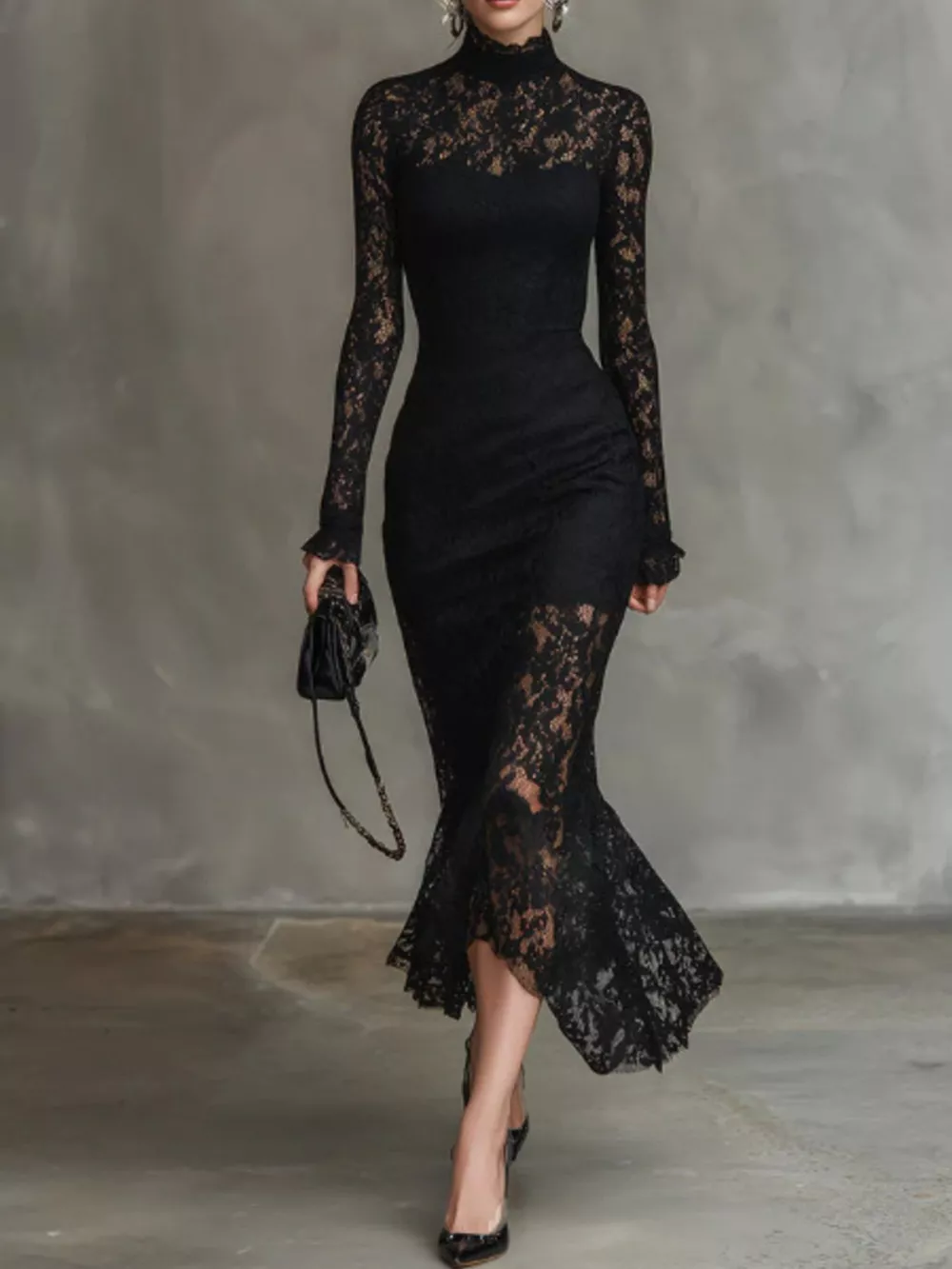 Lace Mock Neck Long Sleeve Mermaid Midi Dress