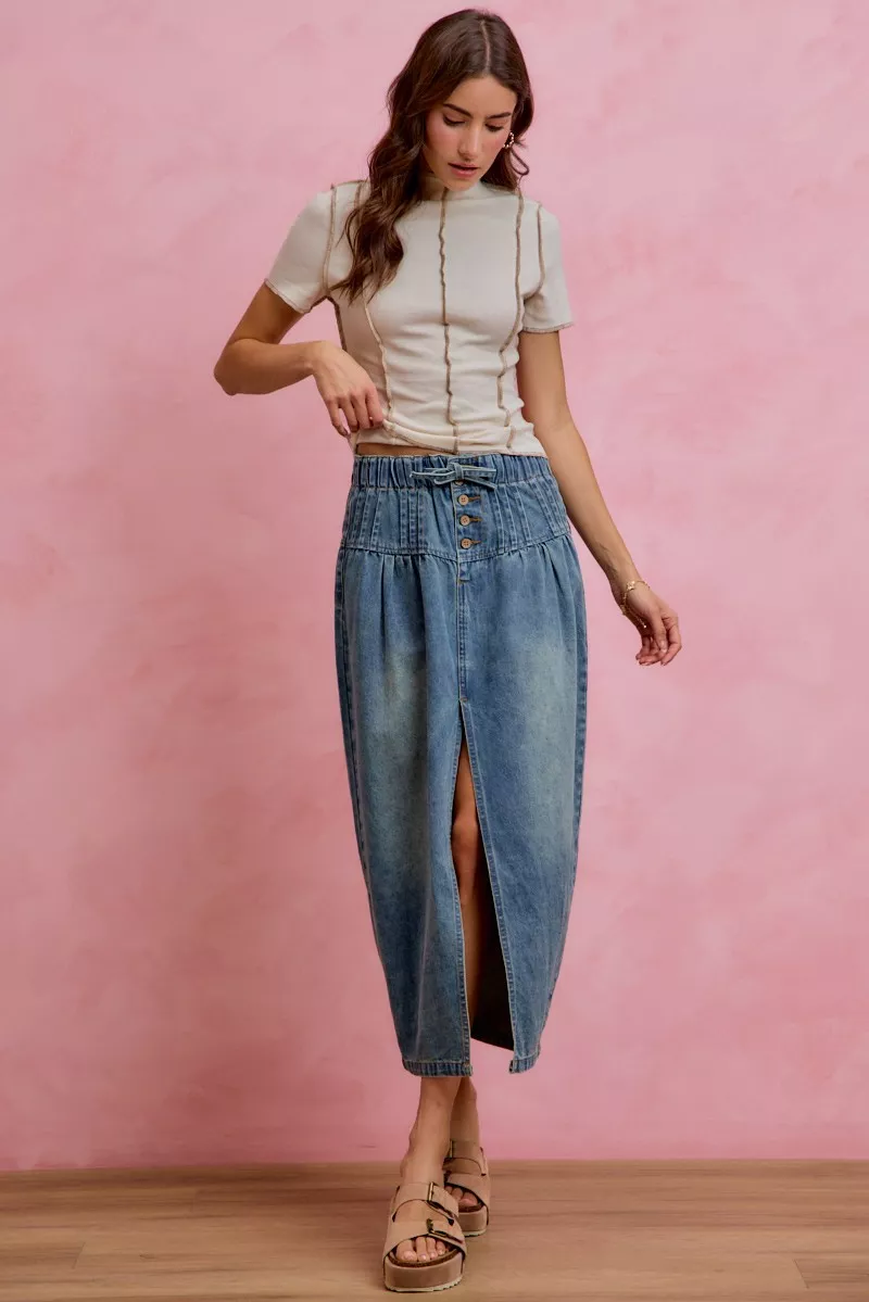 Pleated Washed Denim Skirt With Front Slit, image 6