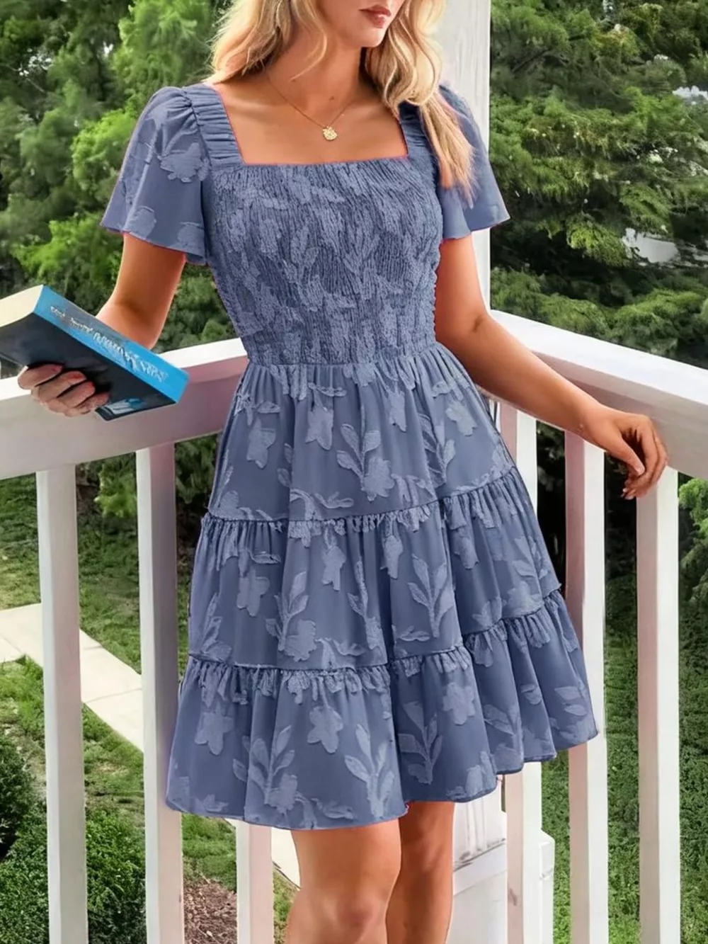 Smocked Square Neck Tiered Mini Dress, image 19
