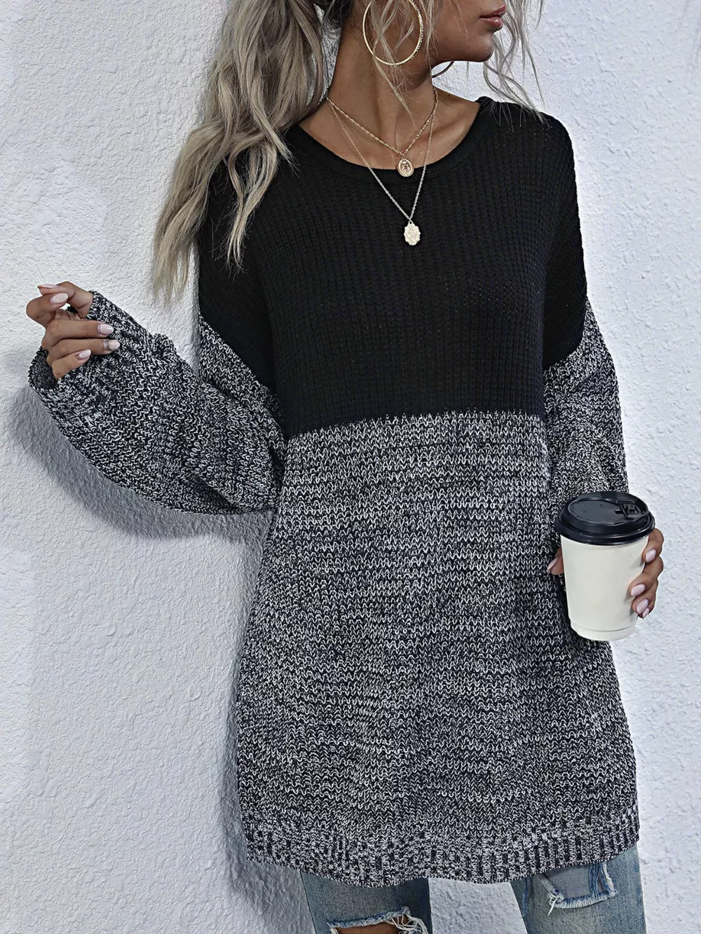 Color Block Long Sleeve Oversized Sweater
