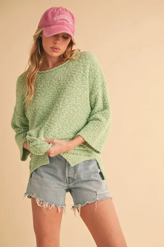 Side Slit Ribbed Hem Round Neck Sweater, image 2