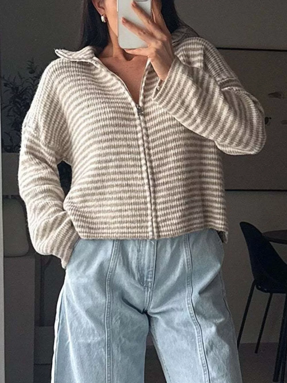 Striped Zip-Up Knit Cardigan, image 2