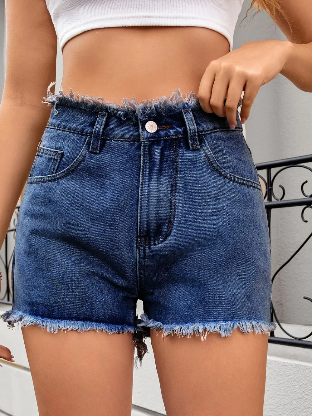 Washed Raw Hem Denim Shorts, image 8