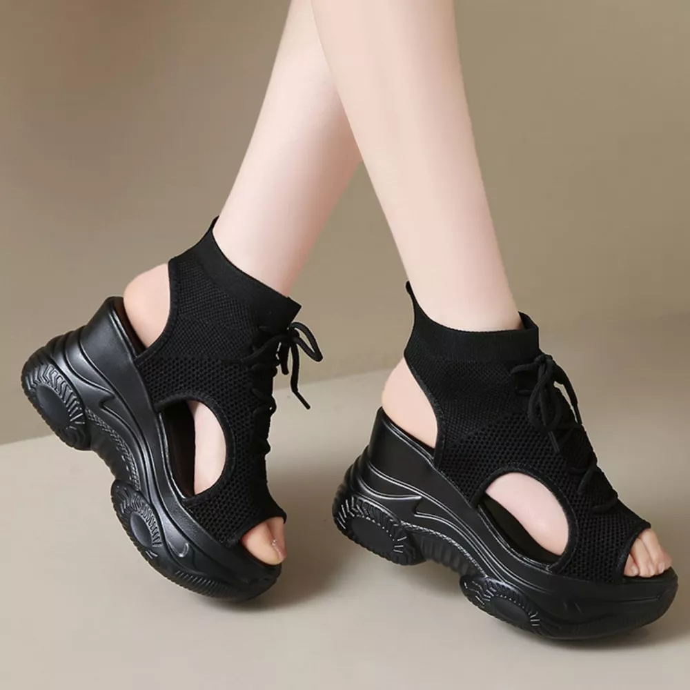 Cutout Mesh Wedge Sandals