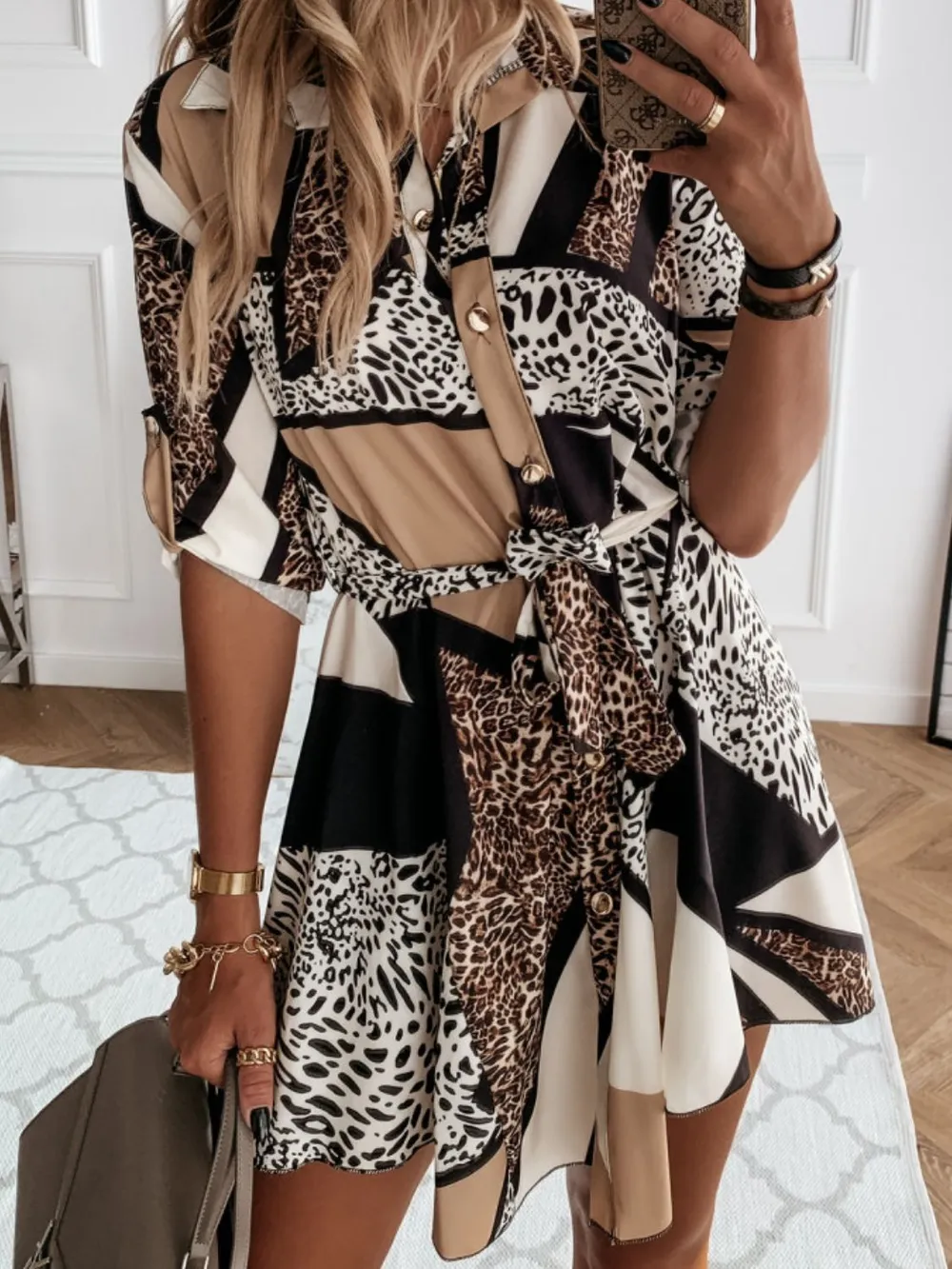 Printed Tie Waist Roll-Tab Sleeve Mini Dress, image 5