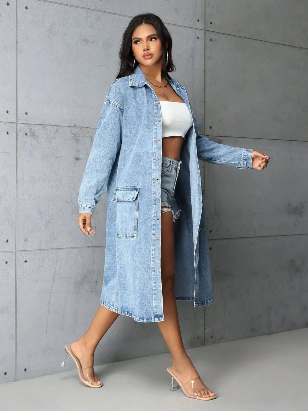Pocketed Button Up Collared Neck Denim Top, image 4