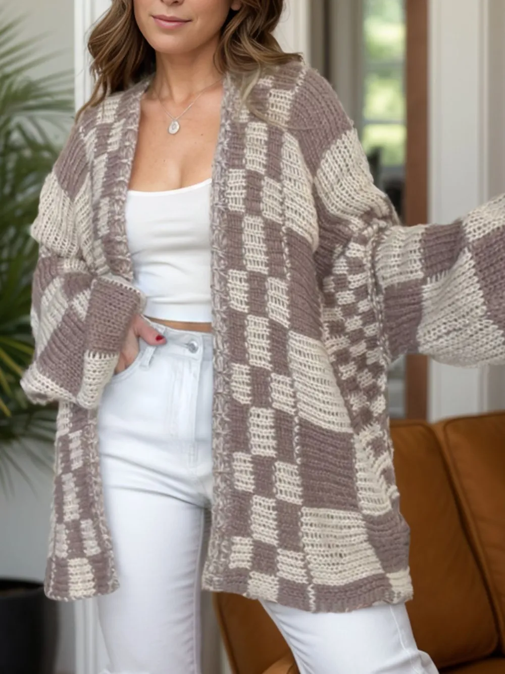 Plaid Open Front Long Sleeve Cardigan, image 8