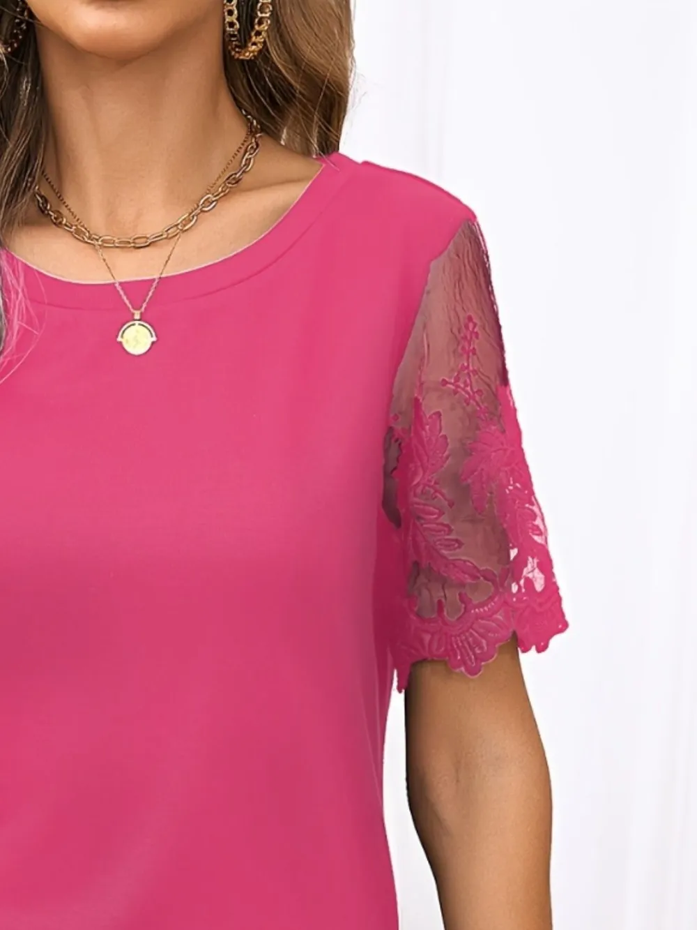 Lace Detail Round Neck Short Sleeve T-Shirt, image 13