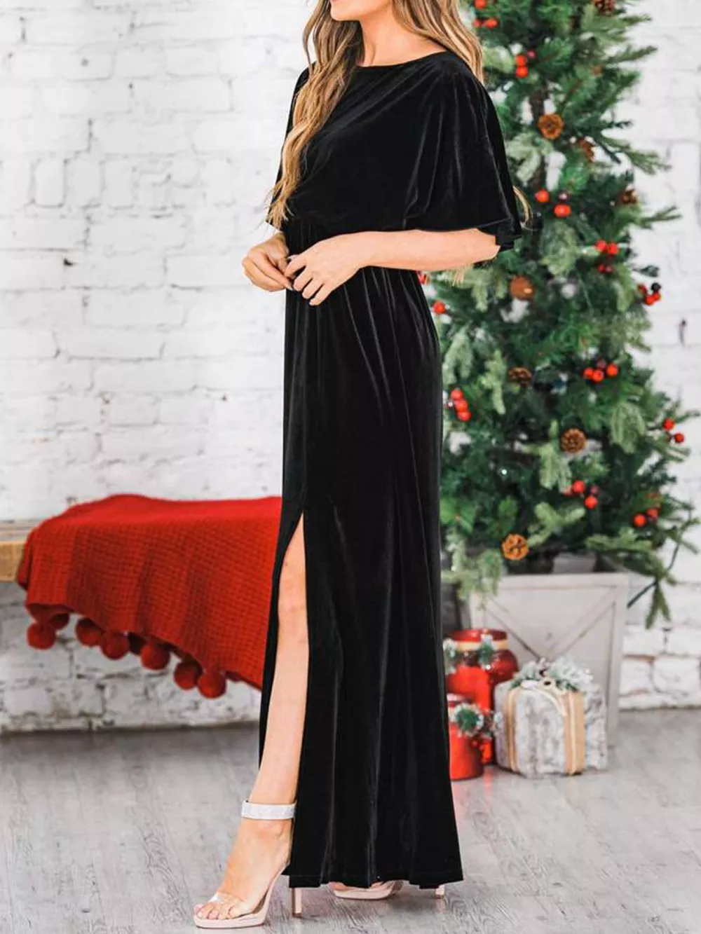 Slit Round Neck Flutter Sleeve Velvet Maxi Dress, image 11